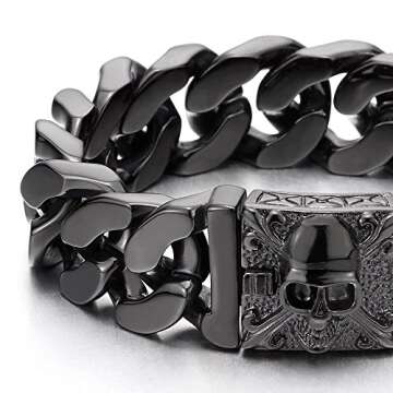 COOLSTEELANDBEYOND Mens Black Large Steel Curb Chain Bracelet with Fleur De Lis and Skull, Biker Gothic, Polished