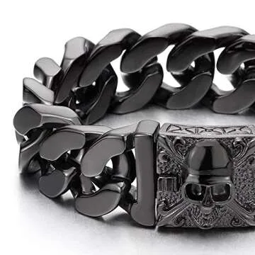 COOLSTEELANDBEYOND Mens Black Large Steel Curb Chain Bracelet with Fleur De Lis and Skull, Biker Gothic, Polished