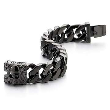 COOLSTEELANDBEYOND Mens Black Large Steel Curb Chain Bracelet with Fleur De Lis and Skull, Biker Gothic, Polished