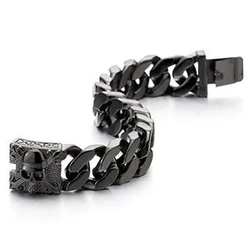 COOLSTEELANDBEYOND Mens Black Large Steel Curb Chain Bracelet with Fleur De Lis and Skull, Biker Gothic, Polished