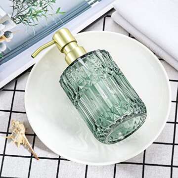 2 Pcs Farmhouse Crystal Design Bathroom and Kitchen Soap Dispenser Set with Green 12 oz Glass Jar, Gold Stainless Steel Pump - for Hand Soap, Dish Soap and Mouthwash Dispenser for Home & Kitchen Decor
