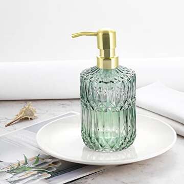 2 Pcs Farmhouse Crystal Design Bathroom and Kitchen Soap Dispenser Set with Green 12 oz Glass Jar, Gold Stainless Steel Pump - for Hand Soap, Dish Soap and Mouthwash Dispenser for Home & Kitchen Decor