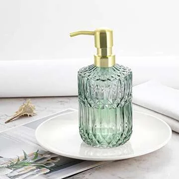 2 Pcs Farmhouse Crystal Design Bathroom and Kitchen Soap Dispenser Set with Green 12 oz Glass Jar, Gold Stainless Steel Pump - for Hand Soap, Dish Soap and Mouthwash Dispenser for Home & Kitchen Decor