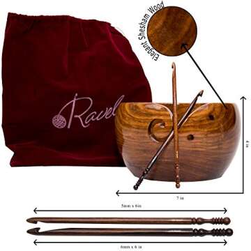 Ravel Wooden Yarn Bowl for Crocheting, Large Yarn Bowl for Knitting with Rosewood Crochet Hook Set (...