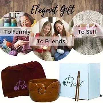 Ravel Wooden Yarn Bowl for Crocheting, Large Yarn Bowl for Knitting with Rosewood Crochet Hook Set (1 x H-8 5mm, 1 x J-10 6mm), Knitting Gifts for Women, 7x4 inches