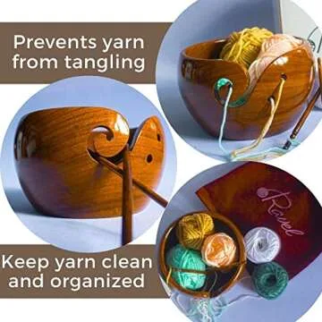 Ravel Wooden Yarn Bowl for Crocheting, Large Yarn Bowl for Knitting with Rosewood Crochet Hook Set (1 x H-8 5mm, 1 x J-10 6mm), Knitting Gifts for Women, 7x4 inches