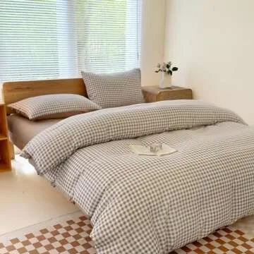 NSNLGSGC Queen Gingham Grid Duvet Cover Set Tan