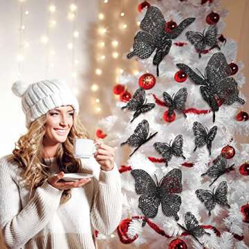 23 Pieces Christmas 3D Butterfly Tree Decor Hollow Butterfly Ornaments for Christmas, Glitter Butterfly Decoration with Elastic Rope for Holiday Crafts and Christmas Tree, 2 Styles (Black)