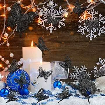 23 Pieces Christmas 3D Butterfly Tree Decor Hollow Butterfly Ornaments for Christmas, Glitter Butterfly Decoration with Elastic Rope for Holiday Crafts and Christmas Tree, 2 Styles (Black)