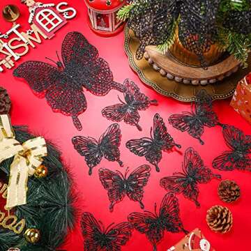 23 Pieces Christmas 3D Butterfly Tree Decor Hollow Butterfly Ornaments for Christmas, Glitter Butterfly Decoration with Elastic Rope for Holiday Crafts and Christmas Tree, 2 Styles (Black)