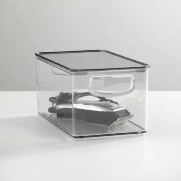 mDesign Deep Plastic Bathroom Storage Bin Box, Lid/Built-In Handles, Organization for Makeup, Hair Styling Tools, Toiletry Accessories in Cabinet, Shelves, Ligne Collection, 4 Pack, Clear/Smoke Gray