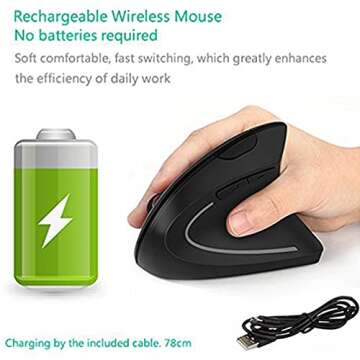 Lekvey Ergonomic Mouse, Vertical Wireless Mouse - Rechargeable 2.4GHz Optical Vertical Mice : 3 Adjustable DPI 800/1200/1600 Levels 6 Buttons, for Laptop, PC, Computer, Desktop, Notebook etc, Black
