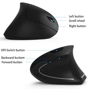 Lekvey Ergonomic Mouse, Vertical Wireless Mouse - Rechargeable 2.4GHz Optical Vertical Mice : 3 Adjustable DPI 800/1200/1600 Levels 6 Buttons, for Laptop, PC, Computer, Desktop, Notebook etc, Black