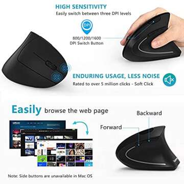 Lekvey Ergonomic Mouse, Vertical Wireless Mouse - Rechargeable 2.4GHz Optical Vertical Mice : 3 Adjustable DPI 800/1200/1600 Levels 6 Buttons, for Laptop, PC, Computer, Desktop, Notebook etc, Black
