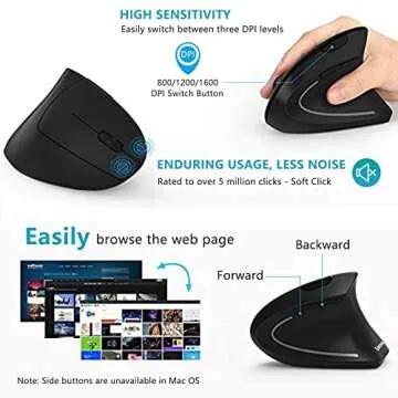 Lekvey Ergonomic Mouse, Vertical Wireless Mouse - Rechargeable 2.4GHz Optical Vertical Mice : 3 Adjustable DPI 800/1200/1600 Levels 6 Buttons, for Laptop, PC, Computer, Desktop, Notebook etc, Black