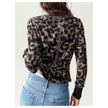 BEAUDRM Women's Leopard Print Crewneck Slim Fit Knitted Tee Tops Long Sleeve Spring Fall T Shirt Bla...