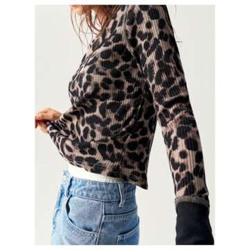 BEAUDRM Women's Leopard Print Crewneck Slim Fit Knitted Tee Tops Long Sleeve Spring Fall T Shirt Black Medium