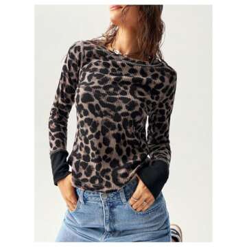 BEAUDRM Women's Leopard Print Crewneck Slim Fit Knitted Tee Tops Long Sleeve Spring Fall T Shirt Black Medium