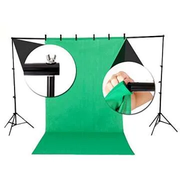 Kshioe Photo Video Studio Light Kit - Includes Studio Background Stand,Muslin Backdrops(Green Black White),Softbox,Lamp Holder and LED Bulbs,Clips