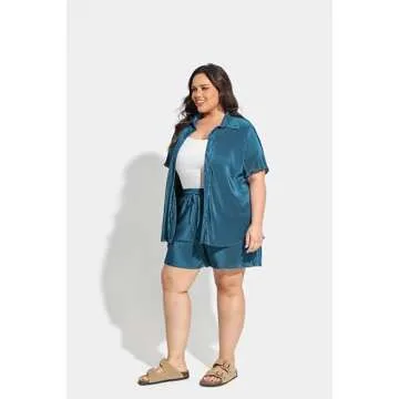 TIYOMI Plus Size 2 Piece 5X Teal Blue Outfits for Women Short Sleeve Outfits Pleated Button Down V Veck Suits Lounge Sets Solid Streetwear Wide Leg Pants Textured Sets 5XL 26W 28W