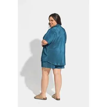 TIYOMI Plus Size 2 Piece 5X Teal Blue Outfits for Women Short Sleeve Outfits Pleated Button Down V Veck Suits Lounge Sets Solid Streetwear Wide Leg Pants Textured Sets 5XL 26W 28W