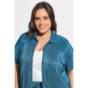 TIYOMI Plus Size 2 Piece 5X Teal Blue Outfits for Women Short Sleeve Outfits Pleated Button Down V Veck Suits Lounge Sets Solid Streetwear Wide Leg Pants Textured Sets 5XL 26W 28W