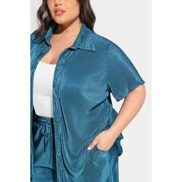 TIYOMI Plus Size 2 Piece 5X Teal Blue Outfits for Women Short Sleeve Outfits Pleated Button Down V Veck Suits Lounge Sets Solid Streetwear Wide Leg Pants Textured Sets 5XL 26W 28W