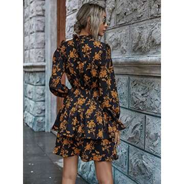 Floerns Women's Mock Neck Long Sleeve Floral Print Ruffle Short Dress Brown-1 3XL