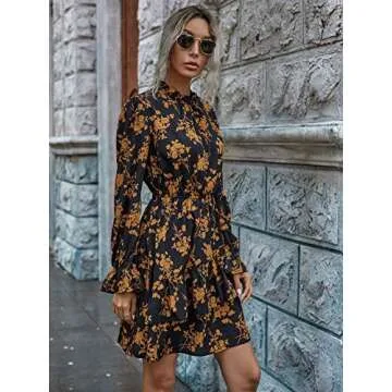 Floerns Women's Mock Neck Long Sleeve Floral Print Ruffle Short Dress Brown-1 3XL