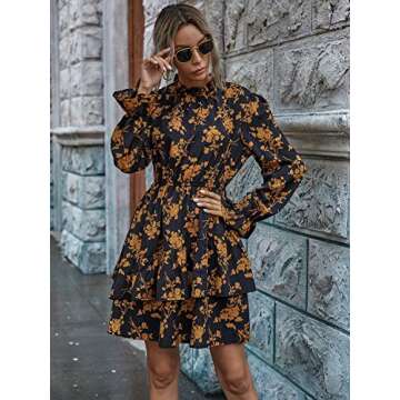 Floerns Women's Mock Neck Long Sleeve Floral Print Ruffle Short Dress Brown-1 3XL