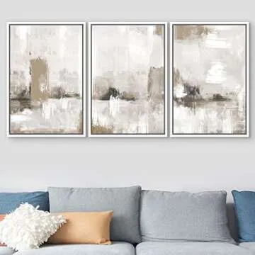 SIGNFORD Framed Canvas Print Wall Art Set Pastel Grunge Paint Stroke Collage Abstract Shapes Illustration Modern Art Decorative Nordic Minimal Zen for Living Room, Bedroom, Office - 24"x36"x3 White