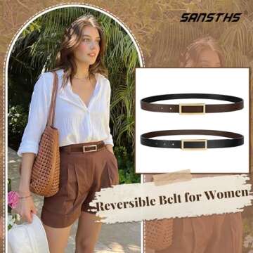 SANSTHS Skinny Reversible Belts for Women, Two-in-one Women Thin Belt for Dresses Jeans Pants with Gold Buckle, Black/Coffee S