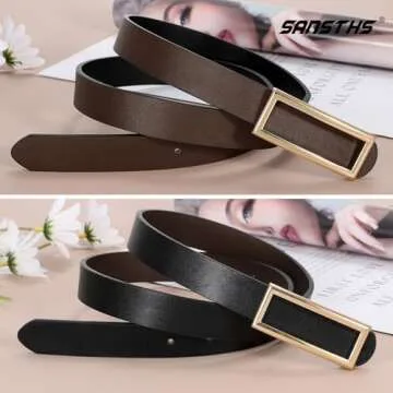 SANSTHS Skinny Reversible Belts for Women, Two-in-one Women Thin Belt for Dresses Jeans Pants with Gold Buckle, Black/Coffee S