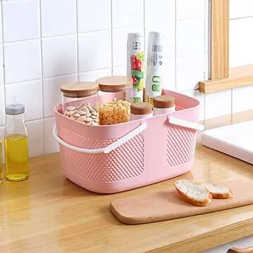 Shower Caddy Basket, Portable Large Capacity Thickened Plastic Organizer Storage Tote with Handles Drainage Toiletry Bag Bin for Bathroom, College Dorm Room Essentials, Kitchen, Camp, Gym, Pink