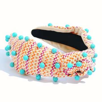 FEDANS Knotted Headbands Turquoise Beads Jeweled Headbands Colorful Rattan Headband Fashion Spring Straw Headband Summer Hair Accessories for Women Girls