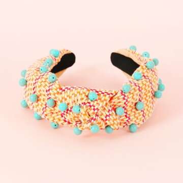 FEDANS Knotted Headbands Turquoise Beads Jeweled Headbands Colorful Rattan Headband Fashion Spring Straw Headband Summer Hair Accessories for Women Girls