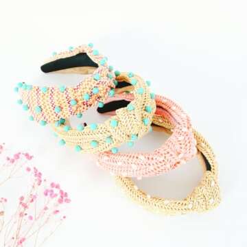 FEDANS Knotted Headbands Turquoise Beads Jeweled Headbands Colorful Rattan Headband Fashion Spring Straw Headband Summer Hair Accessories for Women Girls