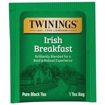 Twinings Irish Breakfast Black Tea Individually Wrapped Bags, 100 Count (Pack of 1), Flavourful, Bold, and Robust, Caffeinated, Enjoy Hot or Iced | Packaging May Vary