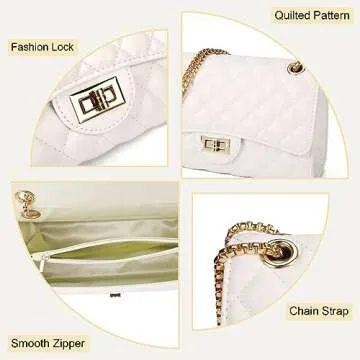 Gladdon Quilted Crossbody Purse for Women Trendy Ladies Shoulder Bag with Chain Designer Purses White II