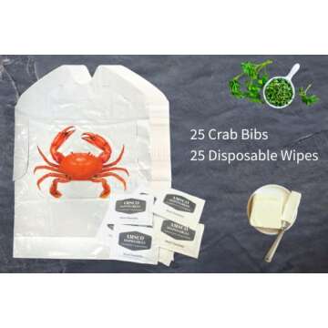 Crab Bib & Wet Wipe Bundle- 25 Disposable Bibs and 25 Moist Towelettes for Crawfish Boil, Seafood Fe...