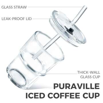 Puraville 12oz Coffee Cup 2 Pack Glass Cups with Lids and Straws Coffee Mug Set with Insulated Sleeve Glassware Tumbler Drinking Jar, Clear and Amber