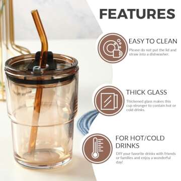 Puraville 12oz Coffee Cup 2 Pack Glass Cups with Lids and Straws Coffee Mug Set with Insulated Sleeve Glassware Tumbler Drinking Jar, Clear and Amber