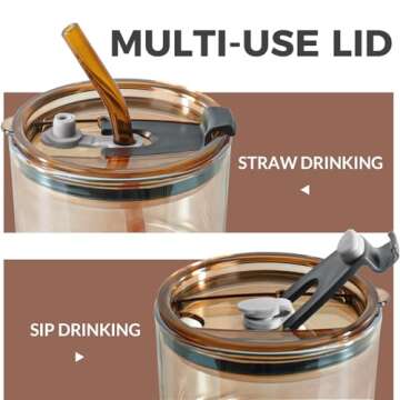 Puraville 12oz Coffee Cup 2 Pack Glass Cups with Lids and Straws Coffee Mug Set with Insulated Sleeve Glassware Tumbler Drinking Jar, Clear and Amber
