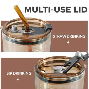 Puraville 12oz Coffee Cup 2 Pack Glass Cups with Lids and Straws Coffee Mug Set with Insulated Sleeve Glassware Tumbler Drinking Jar, Clear and Amber