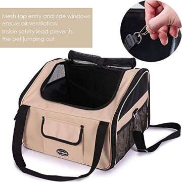 PETTOM Pet Car Booster Seat Carrier Airline Approved Dog Car Seat with Storage Pockets and Clip-On Leash Dog Bed for Dog Cat Puppy Small Animal Travel Cage (Khaki, Small-Hold Pet up to 13lb)