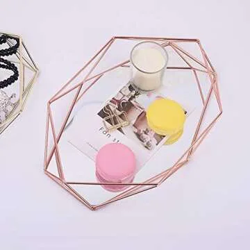 Decorative Mirror Tray Jewelry Cosmetic Makeup Organizer Storage Ornate Tray Hexagonal Decorative Desktop Tray for Jewelry Perfume (Rose Gold)