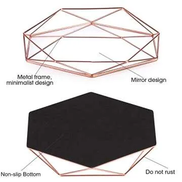 Decorative Mirror Tray Jewelry Cosmetic Makeup Organizer Storage Ornate Tray Hexagonal Decorative Desktop Tray for Jewelry Perfume (Rose Gold)