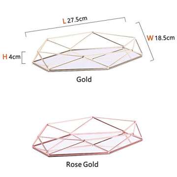 Decorative Mirror Tray Jewelry Cosmetic Makeup Organizer Storage Ornate Tray Hexagonal Decorative Desktop Tray for Jewelry Perfume (Rose Gold)