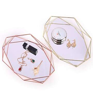 Decorative Mirror Tray Jewelry Cosmetic Makeup Organizer Storage Ornate Tray Hexagonal Decorative Desktop Tray for Jewelry Perfume (Rose Gold)