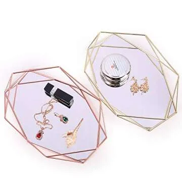Decorative Mirror Tray Jewelry Cosmetic Makeup Organizer Storage Ornate Tray Hexagonal Decorative Desktop Tray for Jewelry Perfume (Rose Gold)